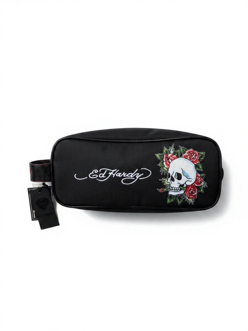Ed Hardy Black Dopp Case with Red Rose & Skull Patch NWT